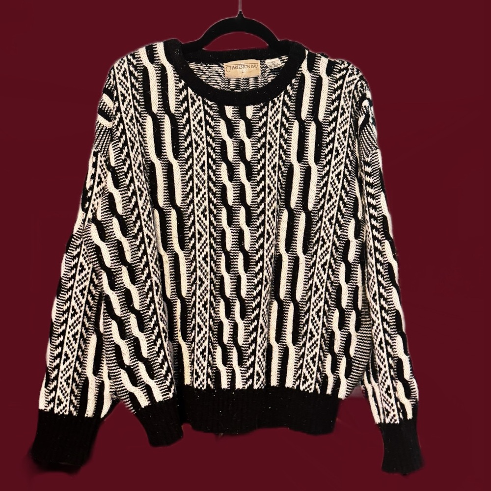 Black and White Charleston Bay Vintage 90s Sweater crew neck size lg cable knit